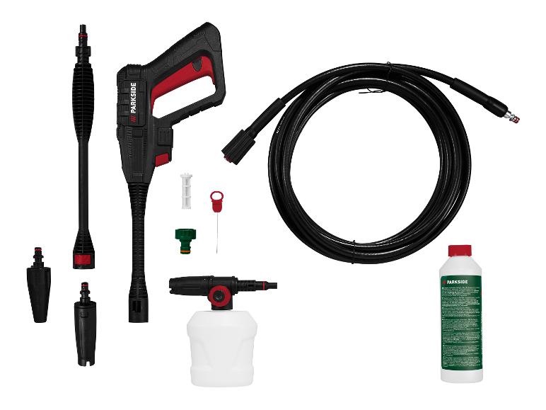 Parkside hogedrukreiniger: pistool, slang, accessoires en reinigingsmiddel.