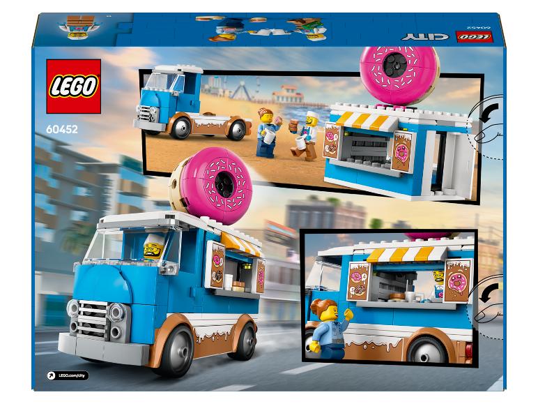 LEGO City Donut Shop vrachtwagen met minifiguren en accessoires.