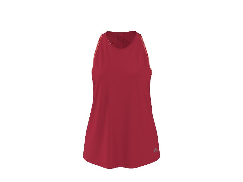 Rood mouwloos sportshirt met dunne bandjes en een logo aan de onderkant.