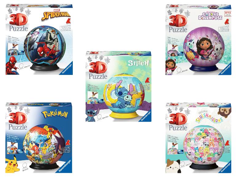 Ravensburger: 3D bolvormige puzzels van Spiderman, Stitch, Gabby's Dollhouse, Pokémon en Squishmallows.