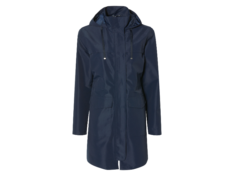 Lange donkerblauwe jas met capuchon.