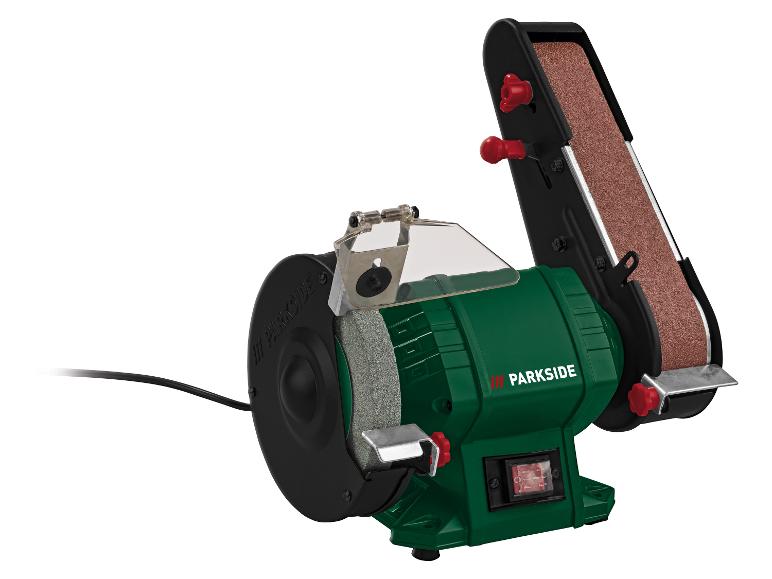 Groene tafelbandschuurmachine met slijpschijf en schuurband