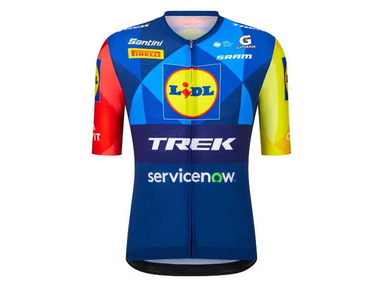 Wielershirt in blauw, rood en geel met een supermarktlogo en het woord 'TREK'.