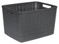 Een grijze opbergmand met een geweven textuur.