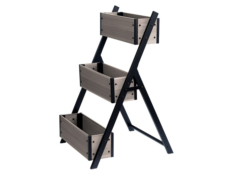 Een houten plantenstandaard met drie planken.