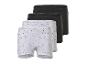 Driepak meisjesboxershorts: twee zwarte en één witte met grijze stippen.