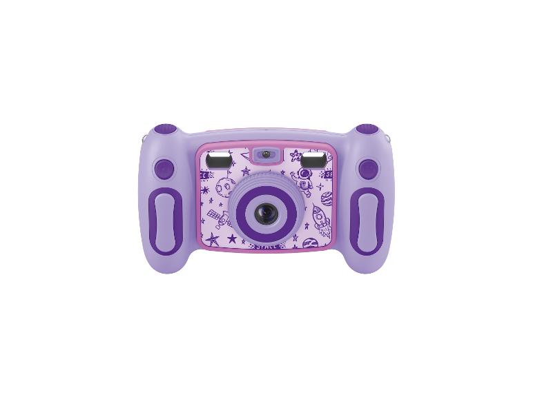 Een paarse kindercamera met een ruimtethema.