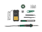 Soldeerboutset met diverse tips, soldeer, standaard, desoldeerpomp en gereedschap.