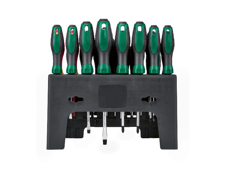 Schroevendraaierset met groene en zwarte handvatten, in een zwarte houder.