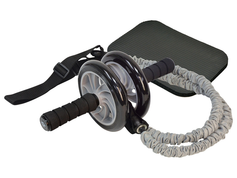 Fitnessset met ab-wiel, weerstandsband en mat.