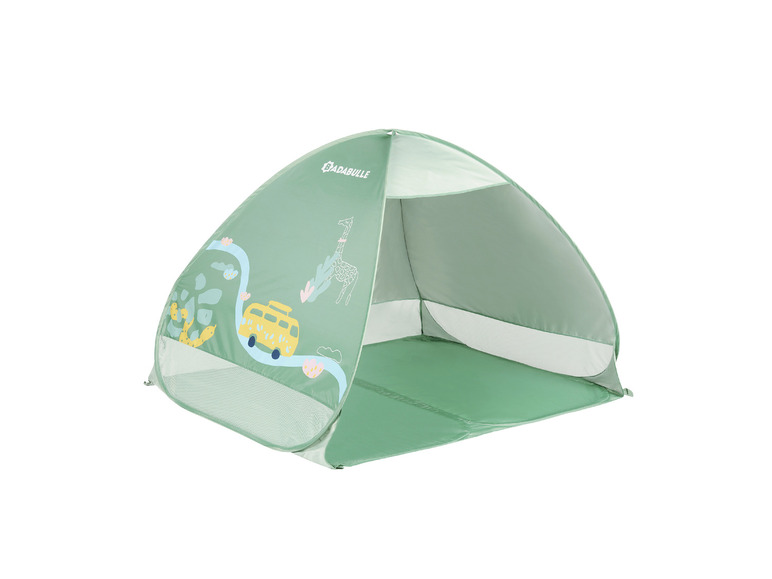 Een groene pop-up tent met een giraffenprint van het merk 'Bababulle'.