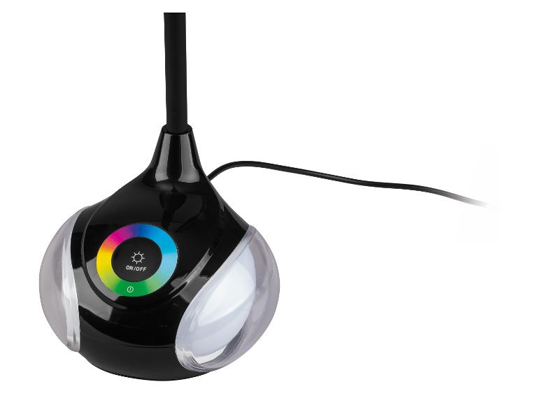 Zwarte tafellamp met ronde voet, gekleurd aanraakbedieningspaneel en stroomkabel.