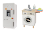 Speelgoedkoelkast en wasmachine met gootsteen, strijkijzer en wasmiddelfles.
