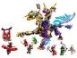 LEGO Ninjago set met tweekoppige draak, ninja minifiguren en vijanden.