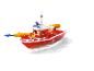 Playmobil brandweerboot vaart over het water.