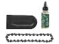 Kettingzaag onderhoudsset: zwarte hoes, fles bio-olie en ketting.