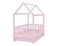 Een roze kinderbed met een huisvormig ontwerp en twee laden.
