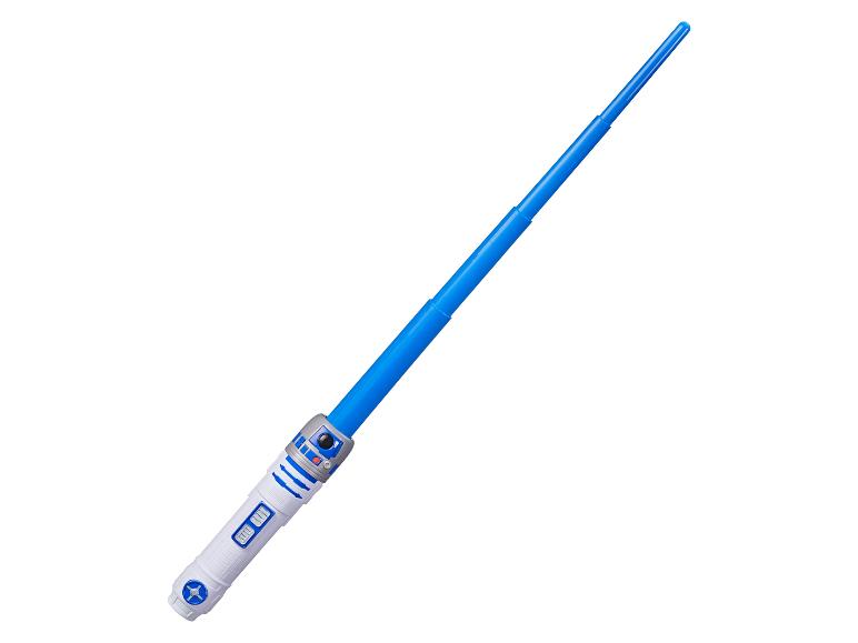 Een blauwe R2-D2 lichtzwaard speelgoed.