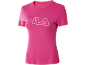 Roze dames T-shirt met wit logo op de voorkant.