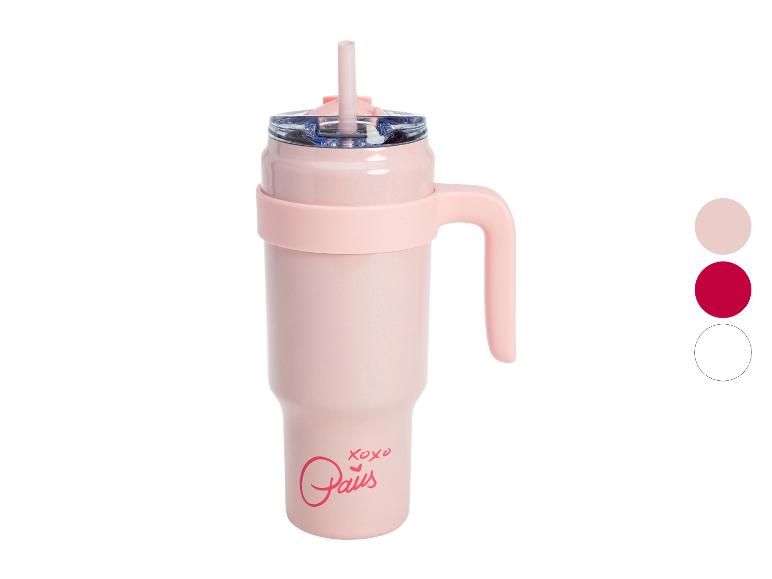Roze reismok met handvat en rietje, met de tekst 'xoxo Paris'.