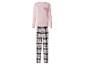 Roze pyjamaset met lange mouwen, geruite broek en een 'Coffee Club Everyday'-afbeelding.