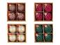 Sets van 4 LIVARNO® glazen kerstballen in bruin, rood, goud en groen.