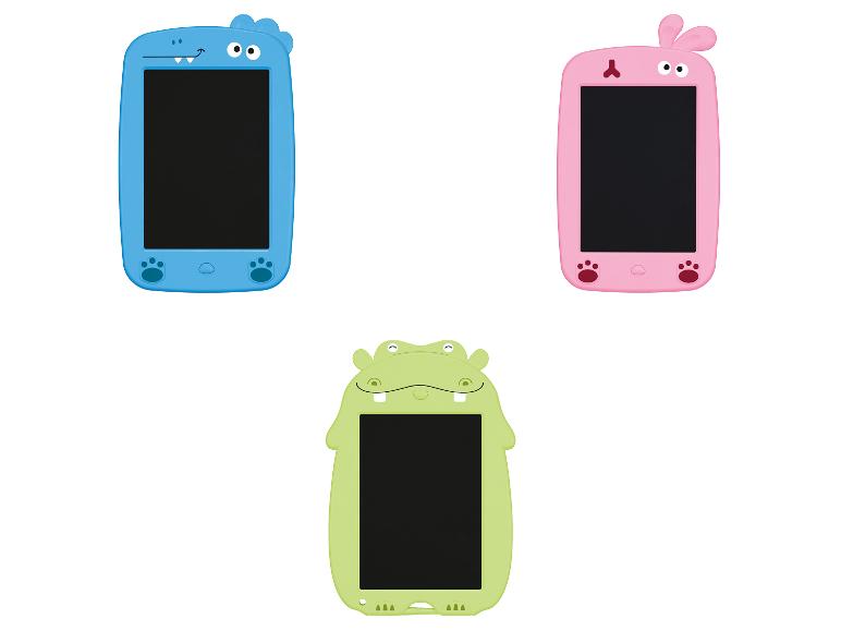 Drie kleurrijke kindertekenplankjes in blauw, roze en groen met dierenontwerpen.