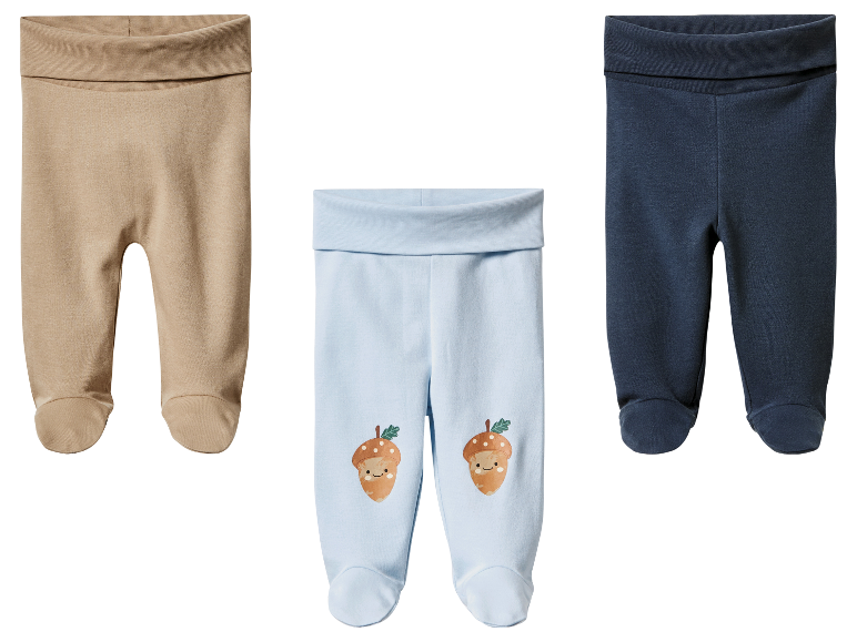 Drie baby leggings in beige, lichtblauw met eikelmotief en donkerblauw.