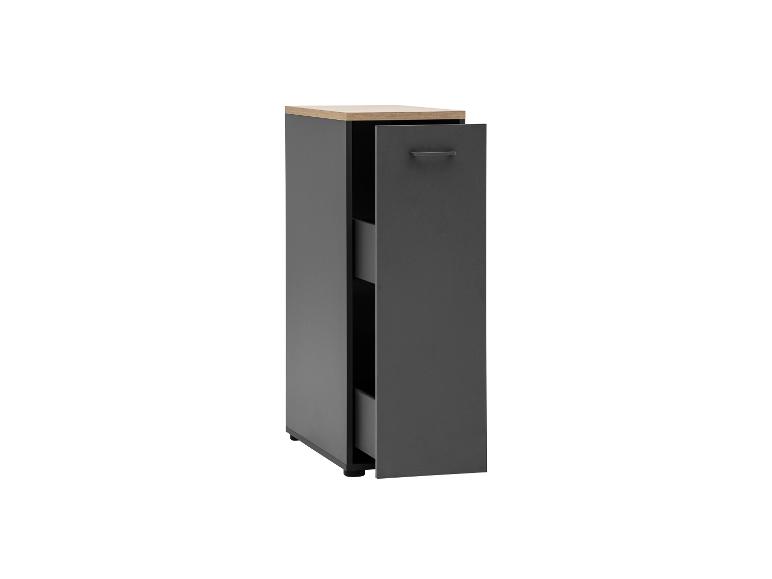 Grijze smalle kast met houten blad en open lades