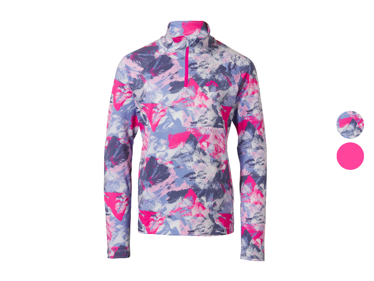 Dames longsleeve met abstract roze, paars en wit patroon, en roze rits.