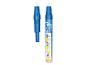Twee blauwe waterpennen, één met dop eraf, de andere met instructies.