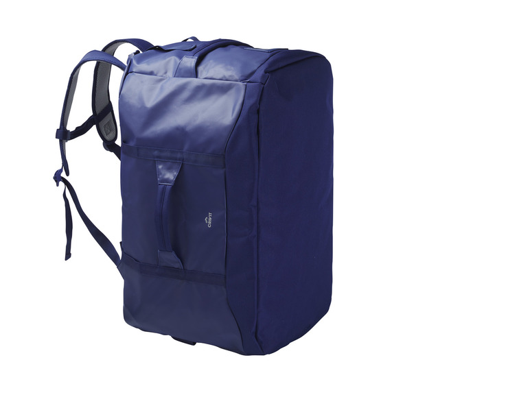 Een donkerblauwe reistas met rugzakriemen van Crivit.