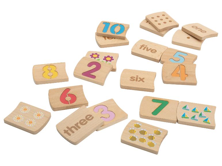 Houten puzzel met cijfers en afbeeldingen om te leren tellen.