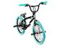 Zwarte BMX-fiets met teal banden, handvatten en zadel.
