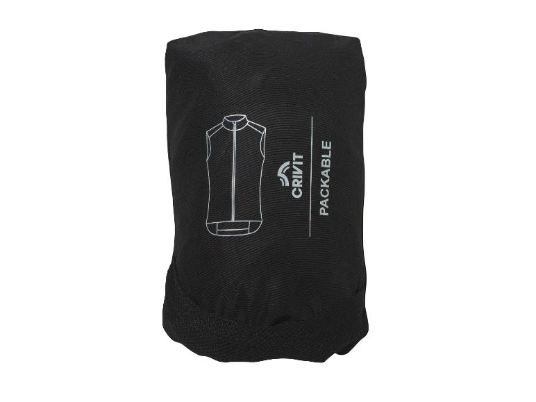 Zwart opvouwbaar vest met een vestprint en de tekst 'PACKABLE'.