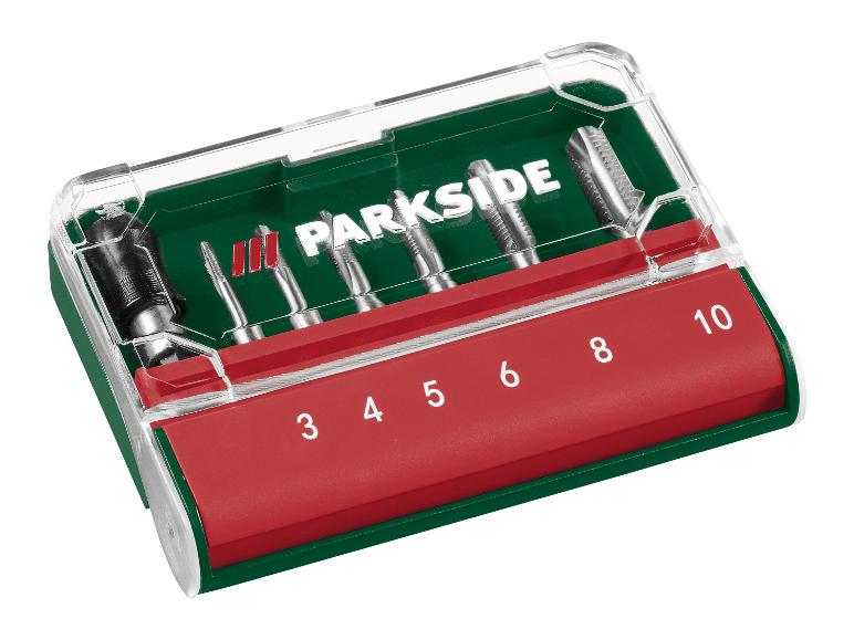 Parkside boorset in een transparante koffer, met de nummers 3, 4, 5, 6, 8, 10.