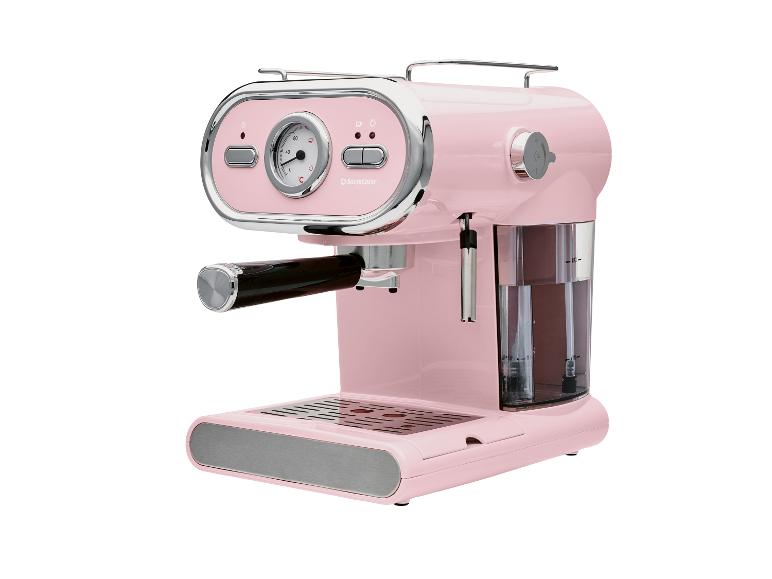 Roze retro espressomachine met manometer en stoompijpje.