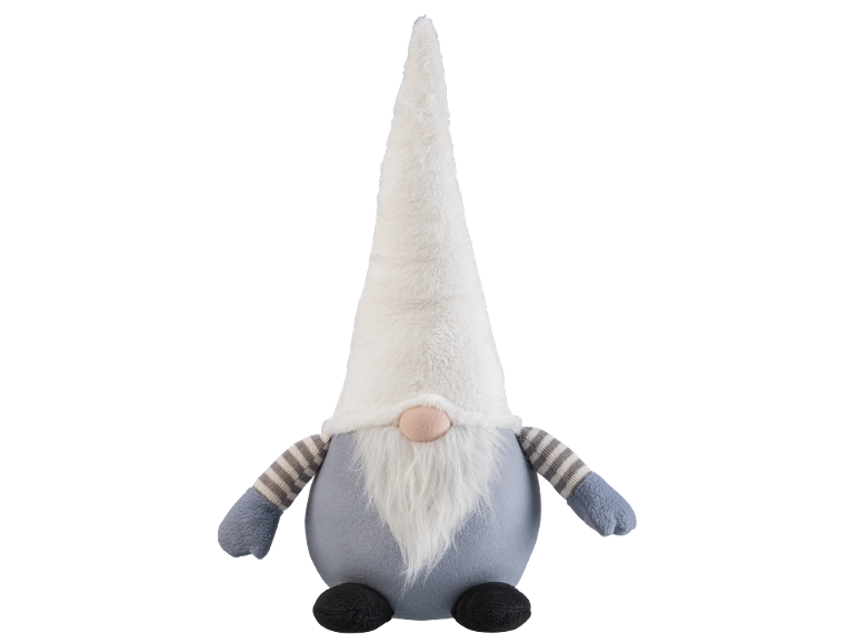 Decoratieve stoffen kabouter met witte muts, witte baard en lichtblauw lichaam.