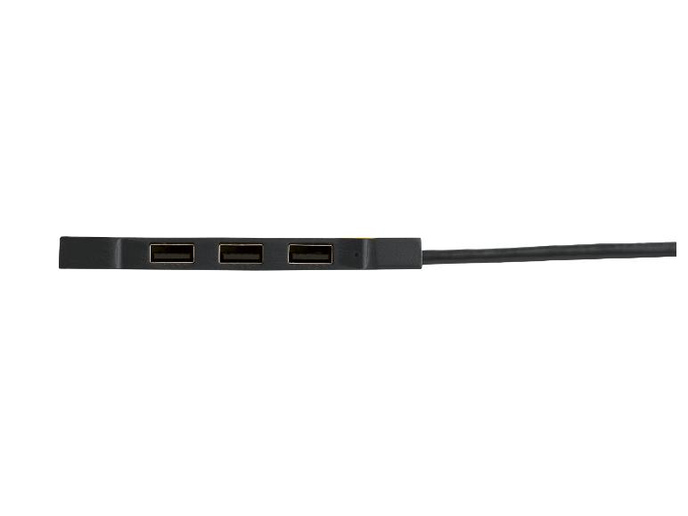 Een zwarte USB-hub met drie poorten en een kabel.
