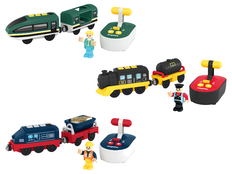 Drie sets speelgoedtreinen met afstandsbedieningen en figuren.
