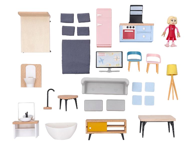 Houten poppenhuis meubelset, inclusief bed, keuken, badkamer en woonkamerstukken.