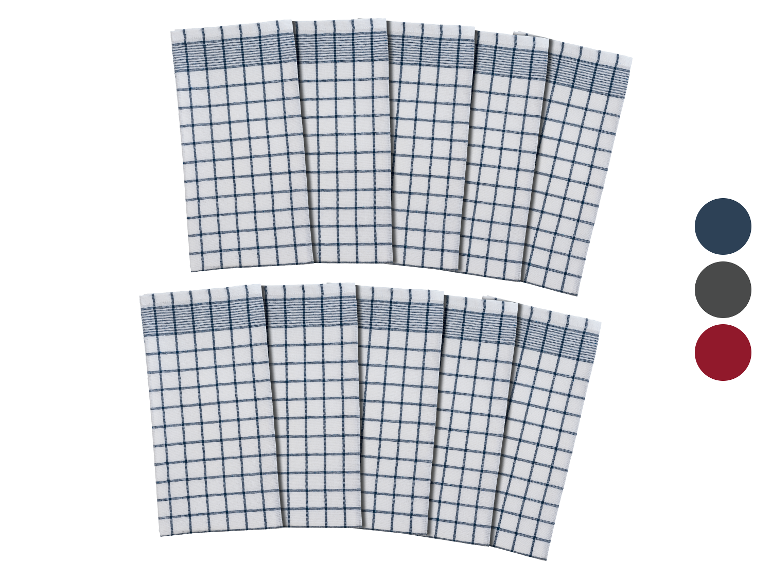 Tien blauw geruite theedoeken.