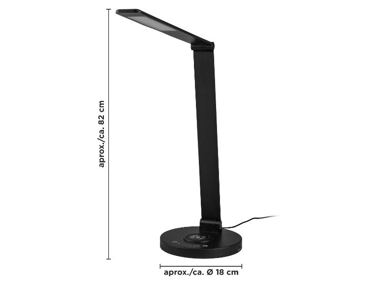 Zwarte LED-bureaulamp met draadloos opladen, 82 cm hoog, 18 cm basisdiameter.