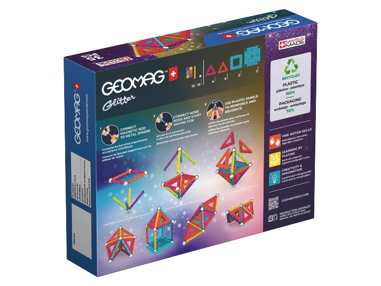 Glitter magnetische constructieset met instructies en recyclinginformatie.