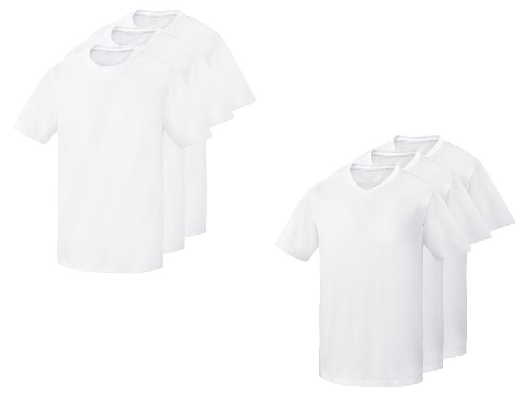 Drie witte T-shirts met ronde hals en drie witte T-shirts met V-hals.