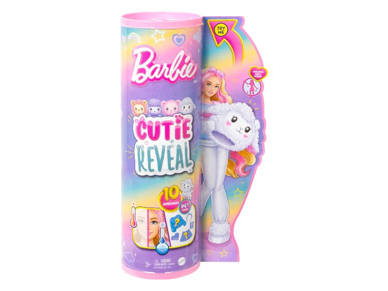 Barbie Cutie Reveal met 10 verrassingen, inclusief een beweegbare pop en een huisdier.