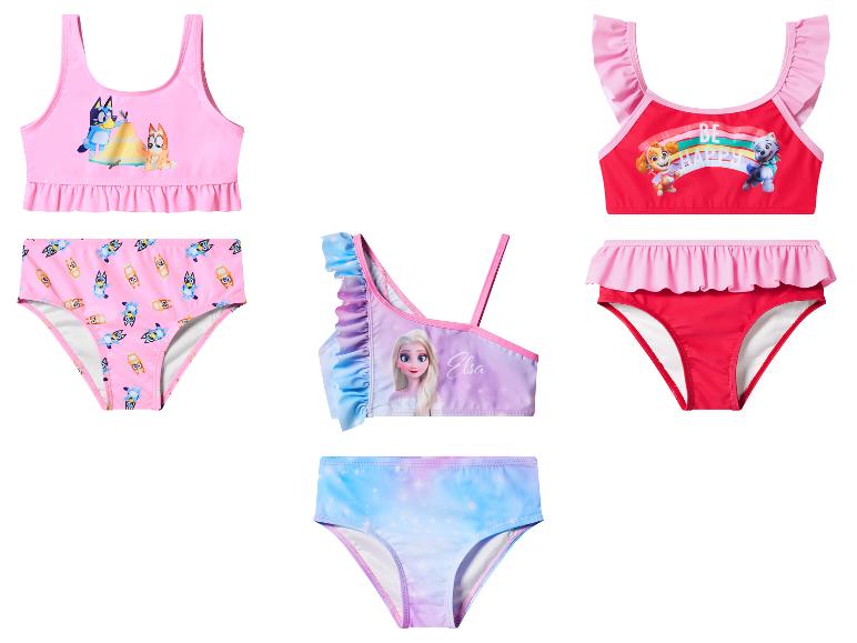 Kinderbikinisets met cartoonprints en ruches.