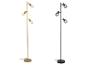 Twee vloerlampen met drie lampen, één goud en één zwart.