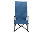 Een blauwe, opvouwbare campingstoel met een X-vormig logo.