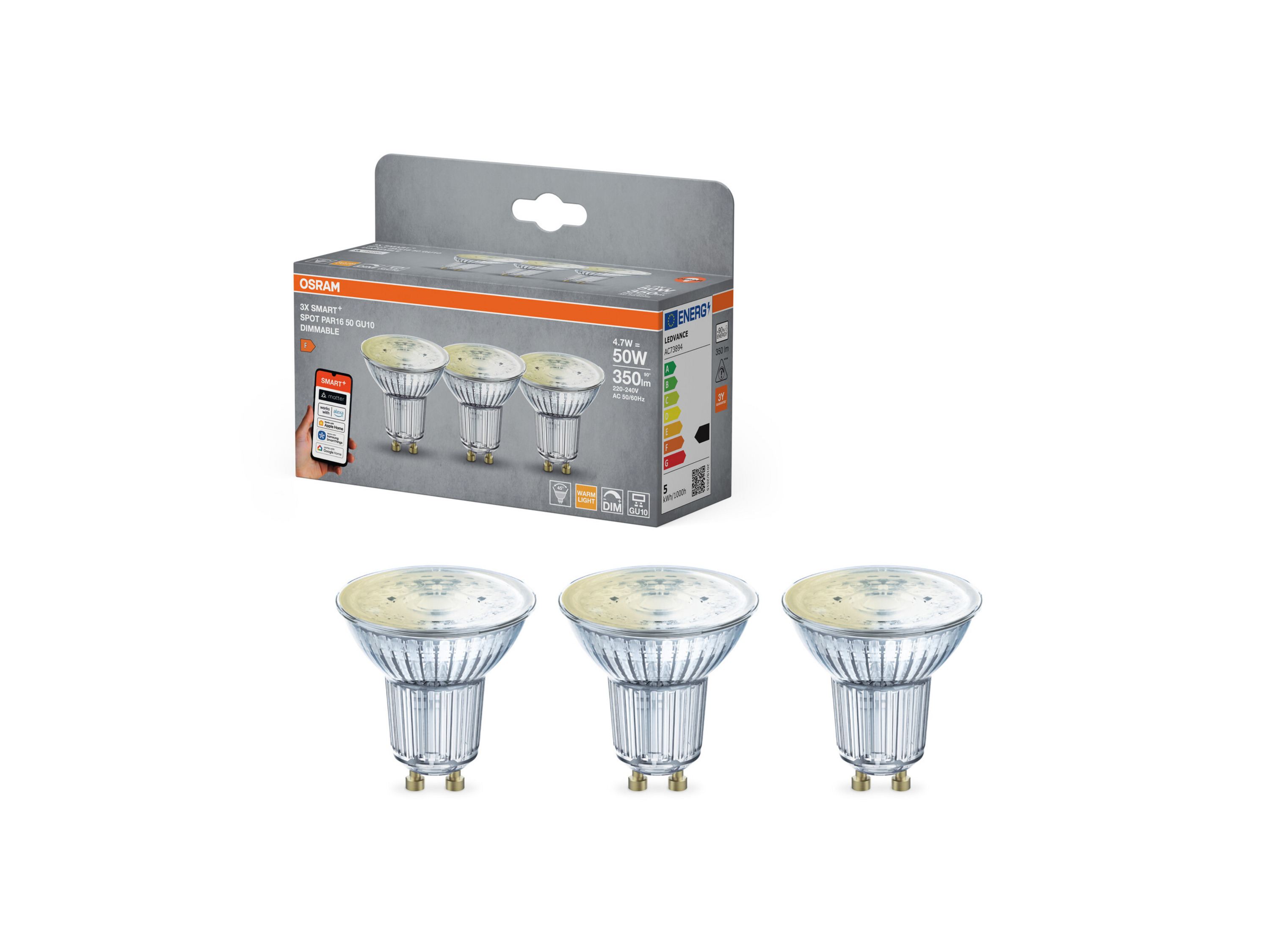 OSRAM Set van 3 LED-lampen Smart Mat PAR16 (GU10, dim, 2700 K, Zilver)